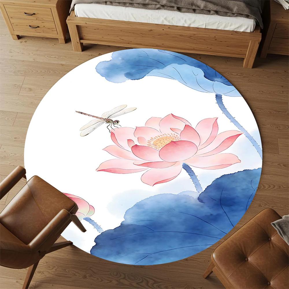 1pc Lotus Dragonfly Round Chair Mat Office Area Rug - Non-Slip, Floor Mat for Office, Bedroom, and Indoor Decor P127044