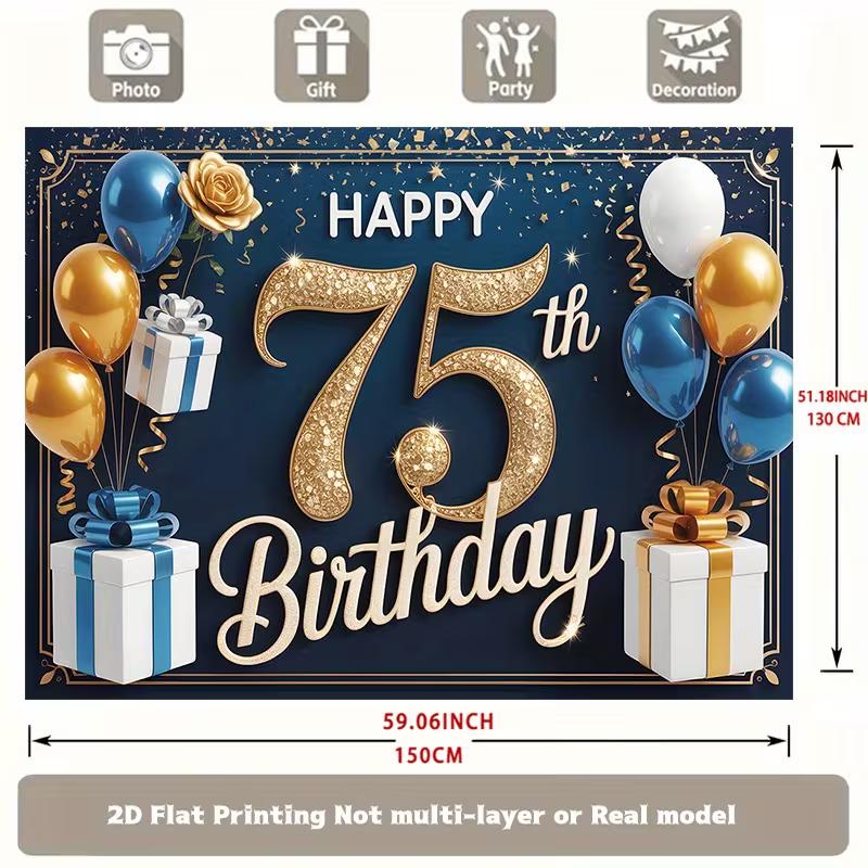 Elegant 75th Birthday Backdrop, Sophisticated Navy Blue and Gold Design with Balloons and Gifts, Festive Milestone Party Wall Decor