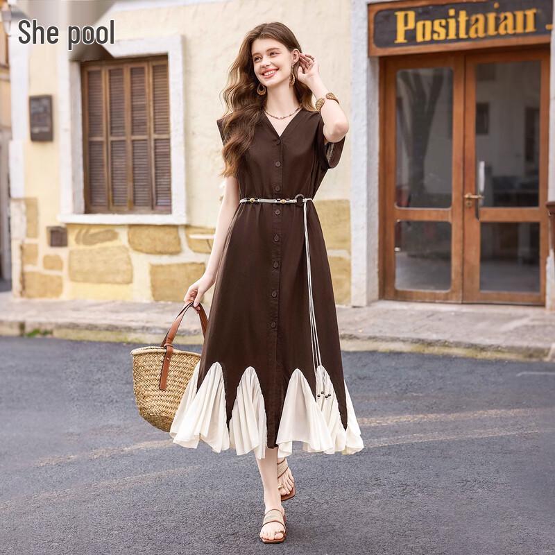Women s Ramie Blend V-Neck Sleeveless Patchwork Midi Dress L