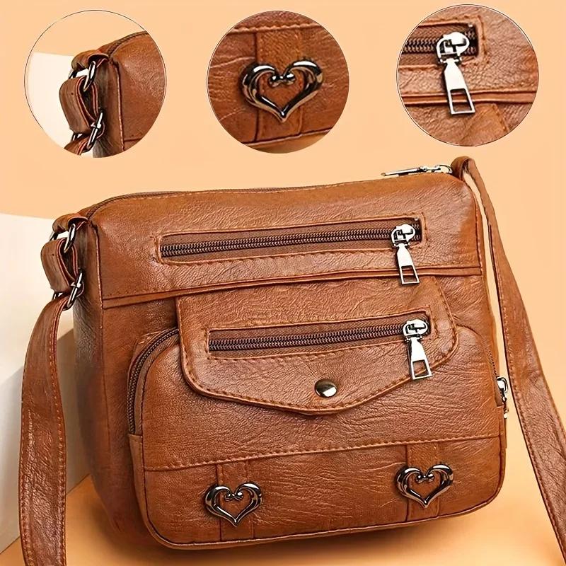 Veelzijdige Leren Messenger Bag met Meerdere Vakken en Hartvormige Kwast Verstelbare Band Schoudertas voor Dames brown