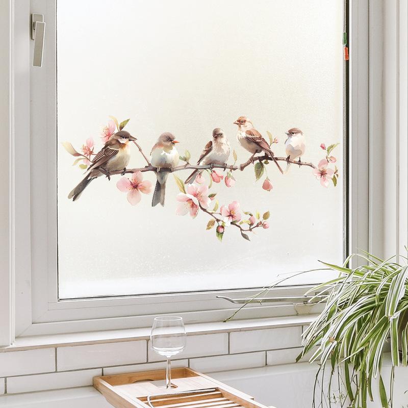 Colorful Flower Branches Bird Glass Windows Home Beautification Decoration Electrostatic Window Stickers Self-adhesive Removable