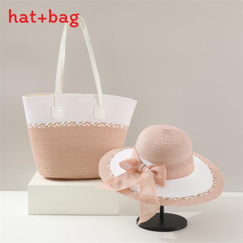 Woven Sun Hat And Large Capacity Straw Tote With Striped Pattern For Travel And Casual Wear