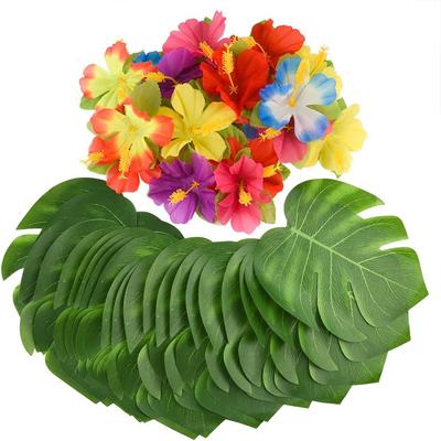 Tropische Monstera Palmblätter Hibiskusblüte Hawaiianisches Luau Blätter Tropische Party Dschungel Strand Tischdekoration Hochzeit Geburtstag