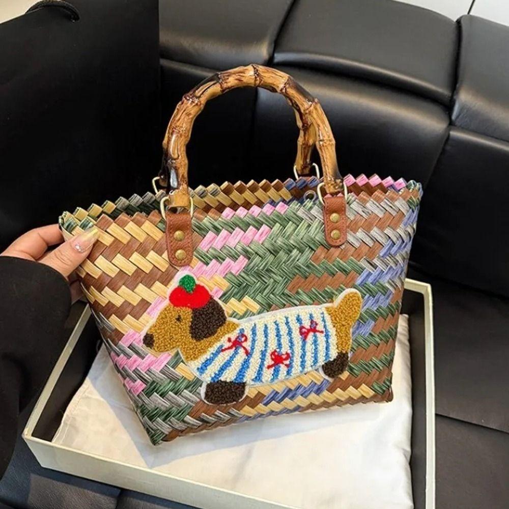 Puppy Pattern Retro Striped Woven Bag Bamboo Handle Summer Women's Handbag  Casual Shopping