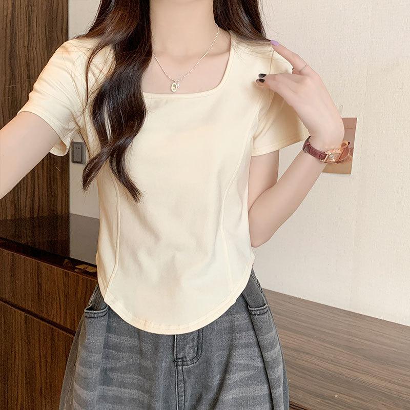 

Youa and sassy с квадратным воротником на правом плече и короткими рукавами, узкая футболка для женщин, европейская летняя новая короткая рубашка с эффектом омоложения 2XL