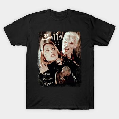 Asian Size Men Black Print T-shirt Buffy & Spike No-Cut Heat Transfer Print Cotton Tshirt