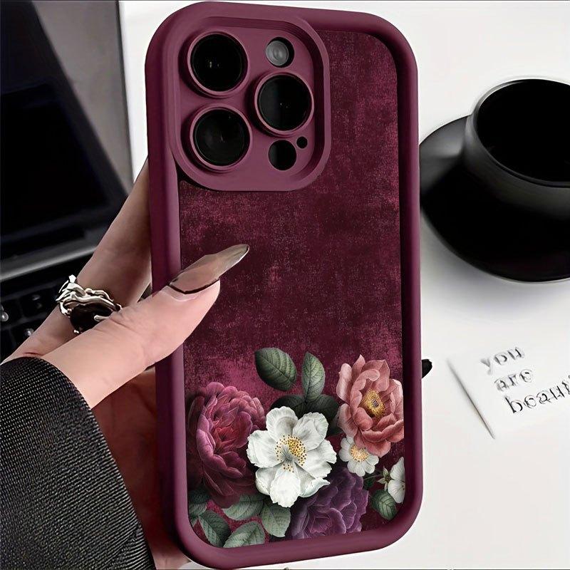 Red velvet floral pattern phone case suitable for iPhone 17 16 15 14 13 12 11 Pro/Max/Plus anti drop and shockproof back cover