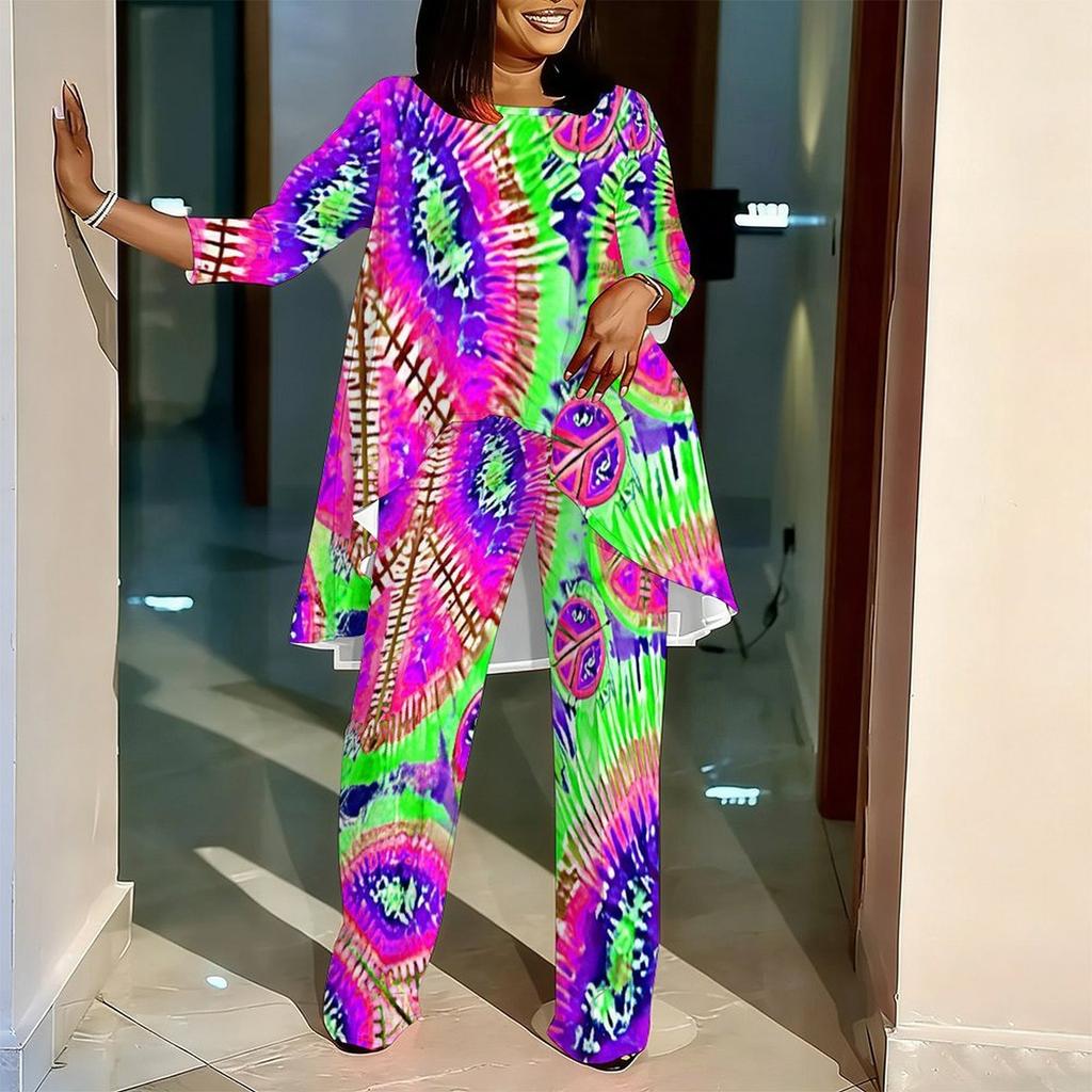 Womens Plus Size Crew Neck Three Quarter Sleeve Irregular Hem Top And Matching Printed Wide Leg Pants Two Piece Set