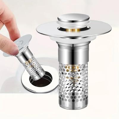 2 Piezas Tapón de Desagüe para Lavabo de Baño, Atrapapelos Pop-up 2 en 1 con Filtro, Cubierta de Desagüe Antiatascos de Acero Inoxidable, Filtro de Repuesto a Prueba de Óxido