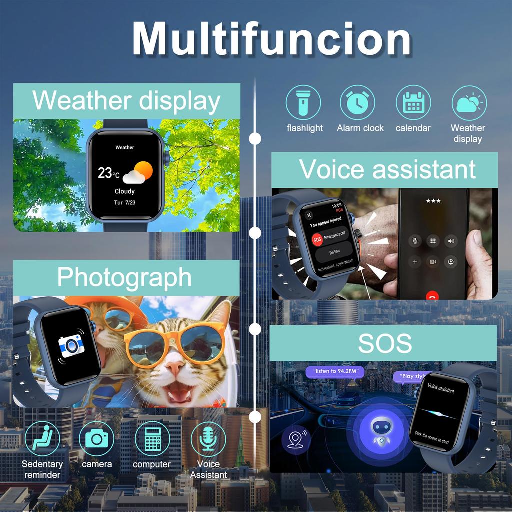 Smart watch, QTLLBT, sports, message reminder, answering calls, sports date alarm, weather forecast tracker, multi-function square watch dial