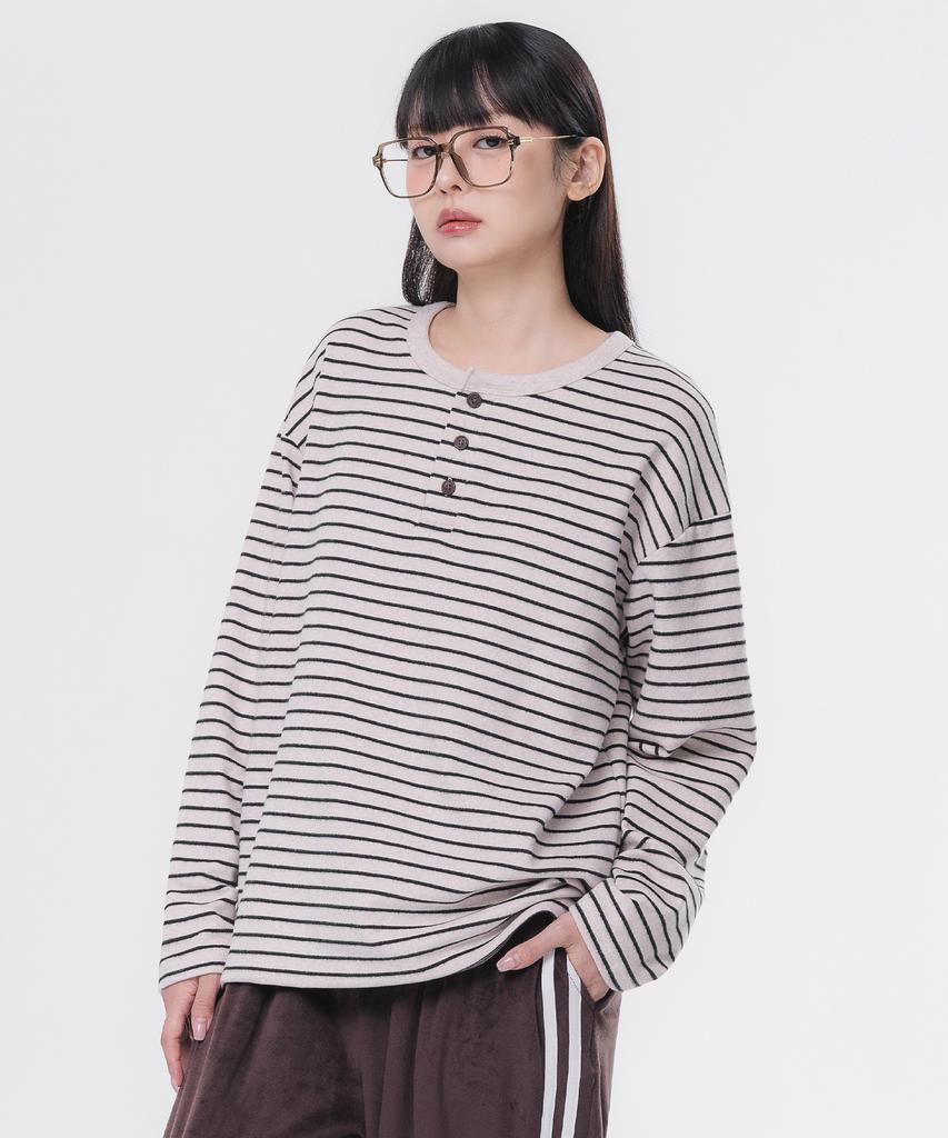 ALVINCLO Peach Stripe 3-Button Henley Neck Long Sleeve T-Shirt Avt953 (3 Colors)