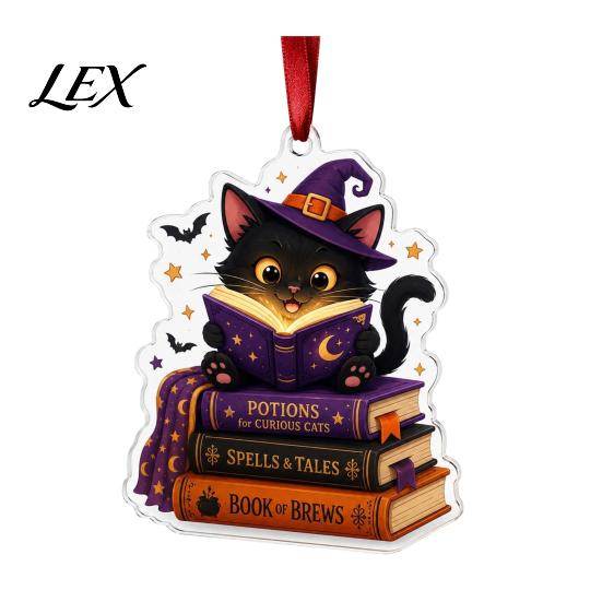 Reading Themed Window Hanging Halloween Ghost Ornament, Acrylic Holding Book Pumpkin Bookshelf Ornaments Black Cat Mummy Decor, 2D Cartoon Bookish