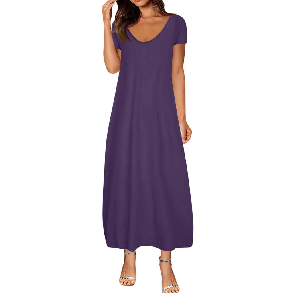 Women's Summer Plus Size Solid Color Sexy Short Sleeve With Pockets Loose Dresses