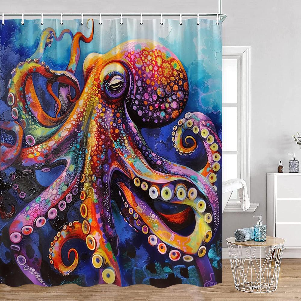 Octopus Shower Curtains Ocean Animals Funny Octupus Undersea World View Bathroom Curtain Nautical Bath Decorations with Hooks
