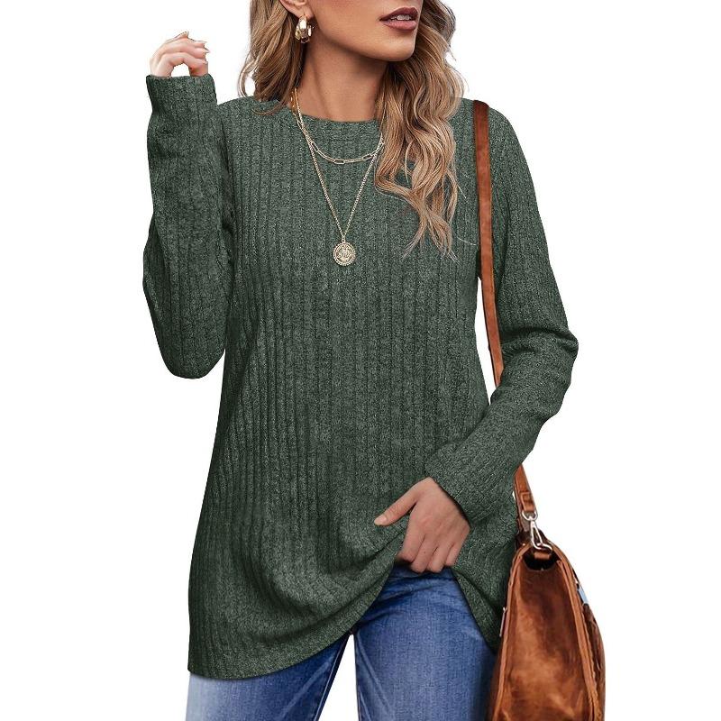 QICED Moda feminina casual cor sólida estampa manga comprida gola redonda blusas e camisas