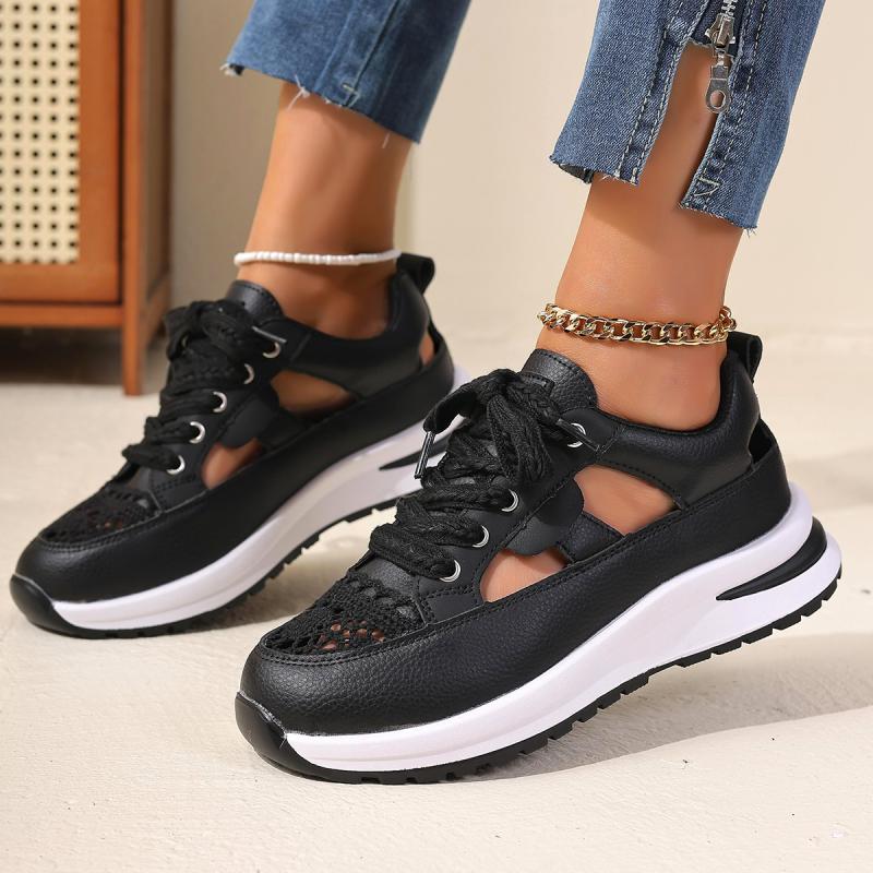 Fashion Fashion Hollow Out Lace Thick Bottom Chunky Sneaker Women 2025 Summer Wedge Heel Lace Up Sneaker Comfortable Casual Shoes Women