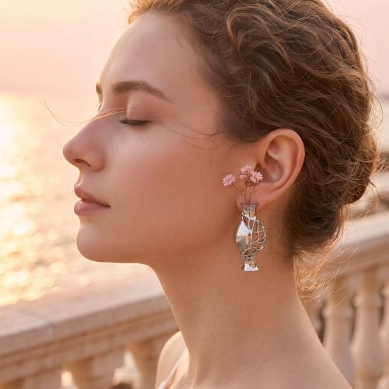 Unique Gift for Her 1 Pair Flower Vase Earrings Women, Retro Metal Hollow Shape DIY Dried Jewelry Earrings, Bouquets Floral Holder Wedding Prom