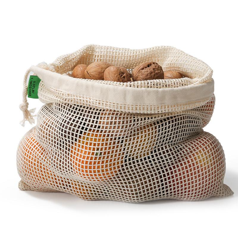 1Pc Eco Reusable Cotton Edging Mesh Supermarket Shopping Bags Kitchen Food Organizer Drawstring