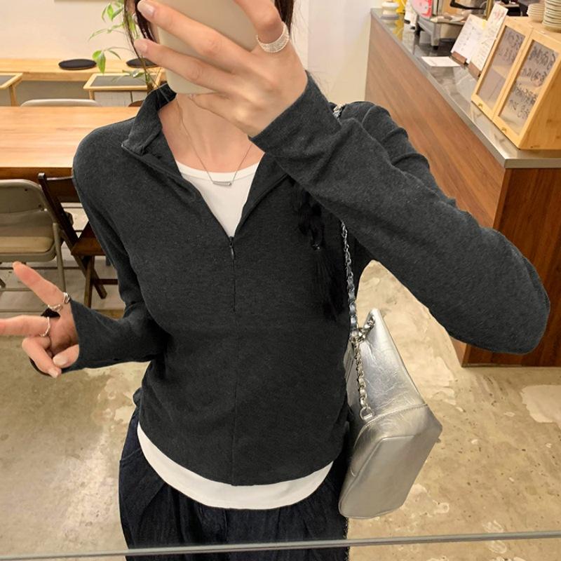 Spring burgundy slim-fitting and thin top women's fake two-piece zipper long-sleeved T-shirt retro versatile bottoming shirt