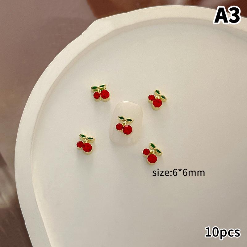 10 Pcs Cherry Nail Rhinestone 3D Cherry Charm Red Fruit Diamond Crystal Jewelry Y2K Alloy Nail Gems For Women Manicure