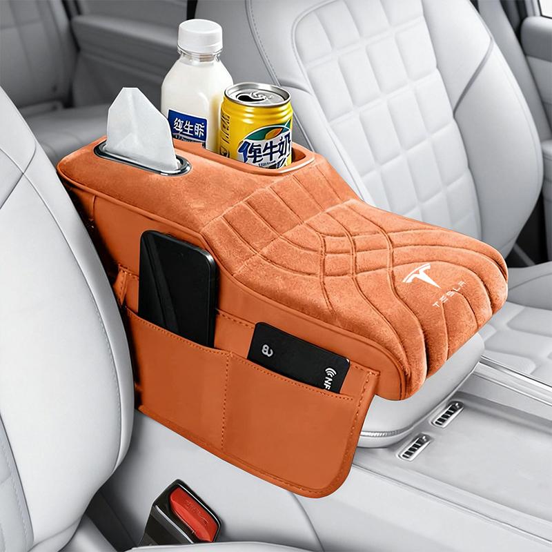 

Suede Car Center Console Armrest Pad Multifunctional Storage For Tesla Model 3 Model S Model X Model Y With Cup Holder Organizer оранжевый