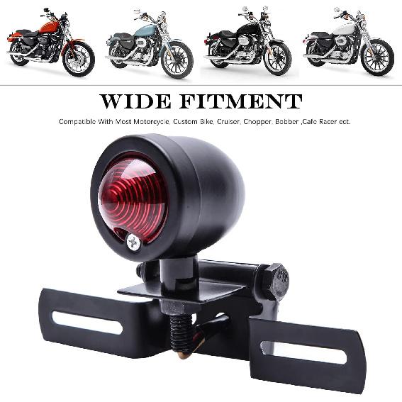 DREAMIZER 12V Black Motorcycle Tail Light Brake Stop Running Light Lamp with License Plate Holder Compatible With Bobber Chopper Cafe Racer