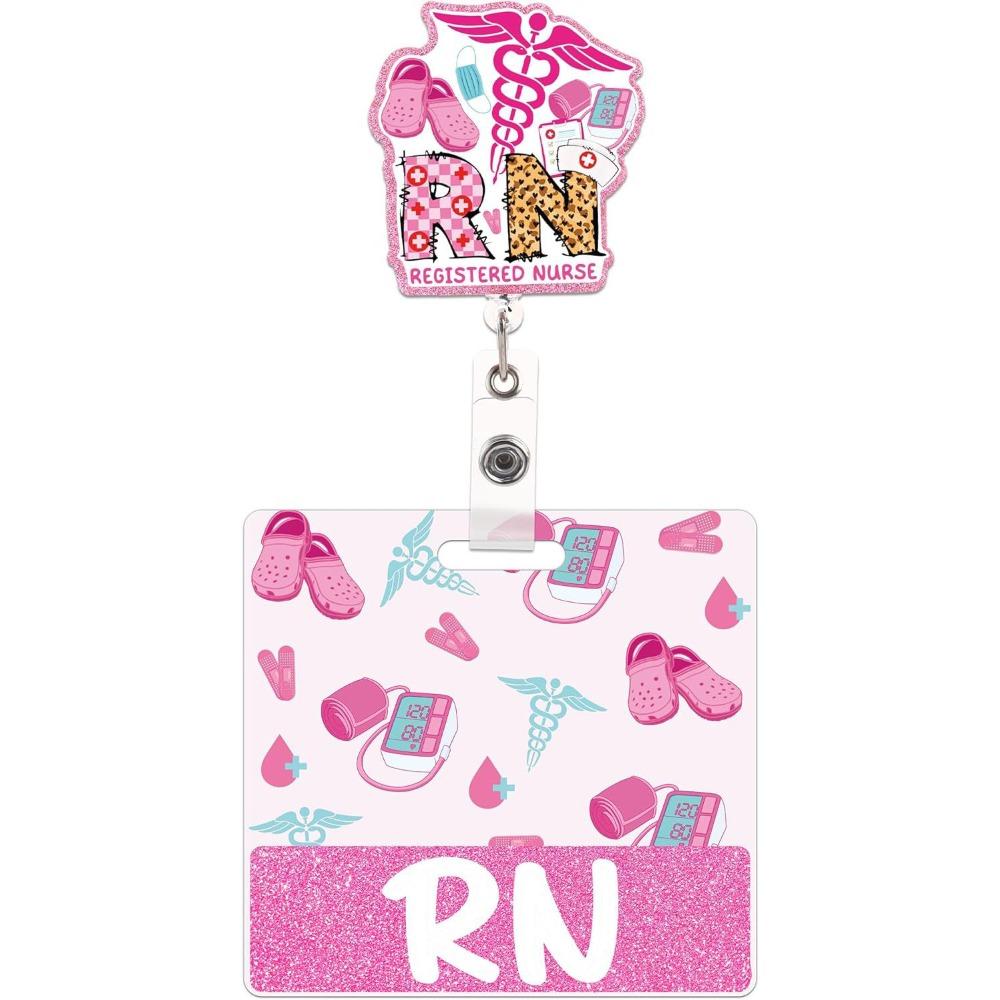 Pink Glitter Nurse Badge Reel 60 Rotating Name Cards Holders Retractable ID Holder  Resident Nurses