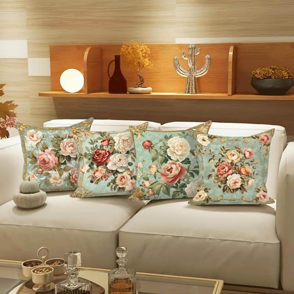 Vintage Light Green Rose Pattern Home Decor Pillowcase Living Room Sofa Polyester Cushion Cover with Zipper
