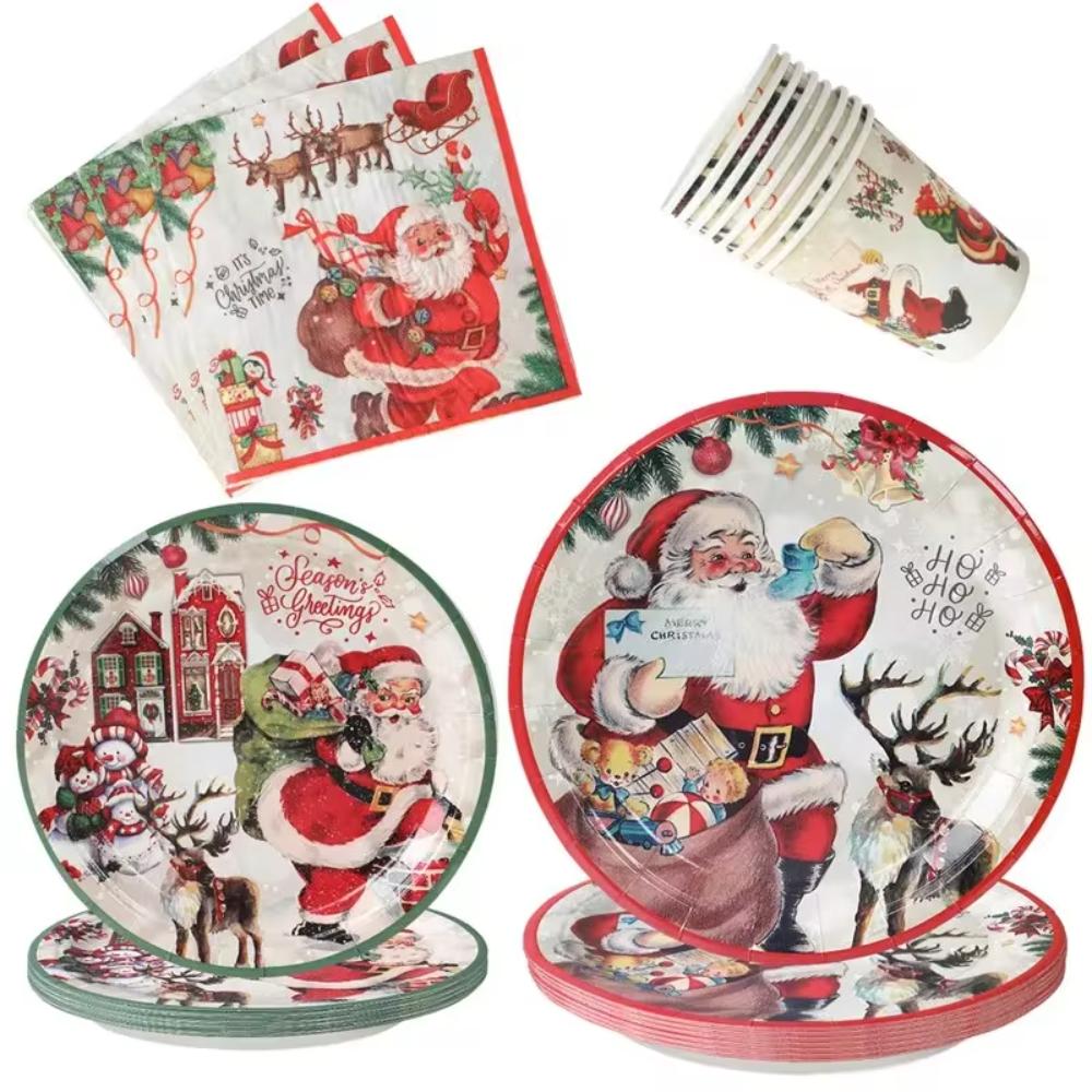 Thickened Christmas Disposable Tableware Set Serves 10 Paper Plate and Cups  New Year 2025