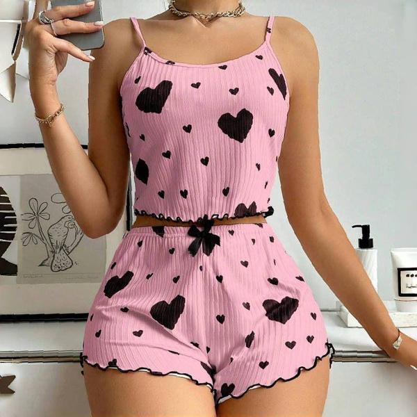 Fashion Women Pajama Sets Love Print Sleeveless Top Shorts 2 Piece Sleepwear Casual Fashion Nightwear Femme Pyjamas Tops Pants Suit