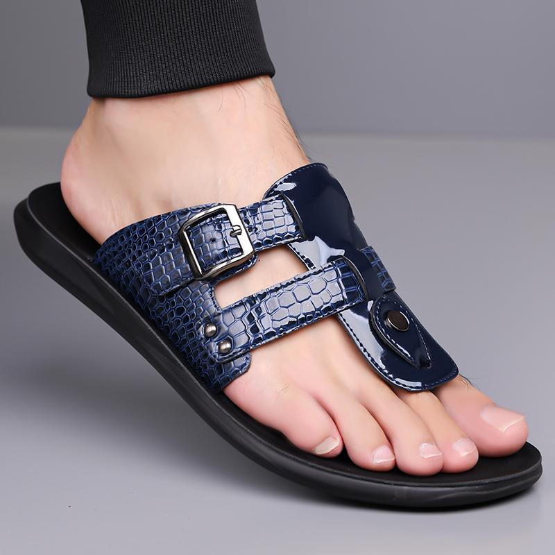 Men Black Leather Slippers Simple Flats Summer White Flip Flops Outdoor Sandals Blue Open Toe Beach Shoes Plus Size