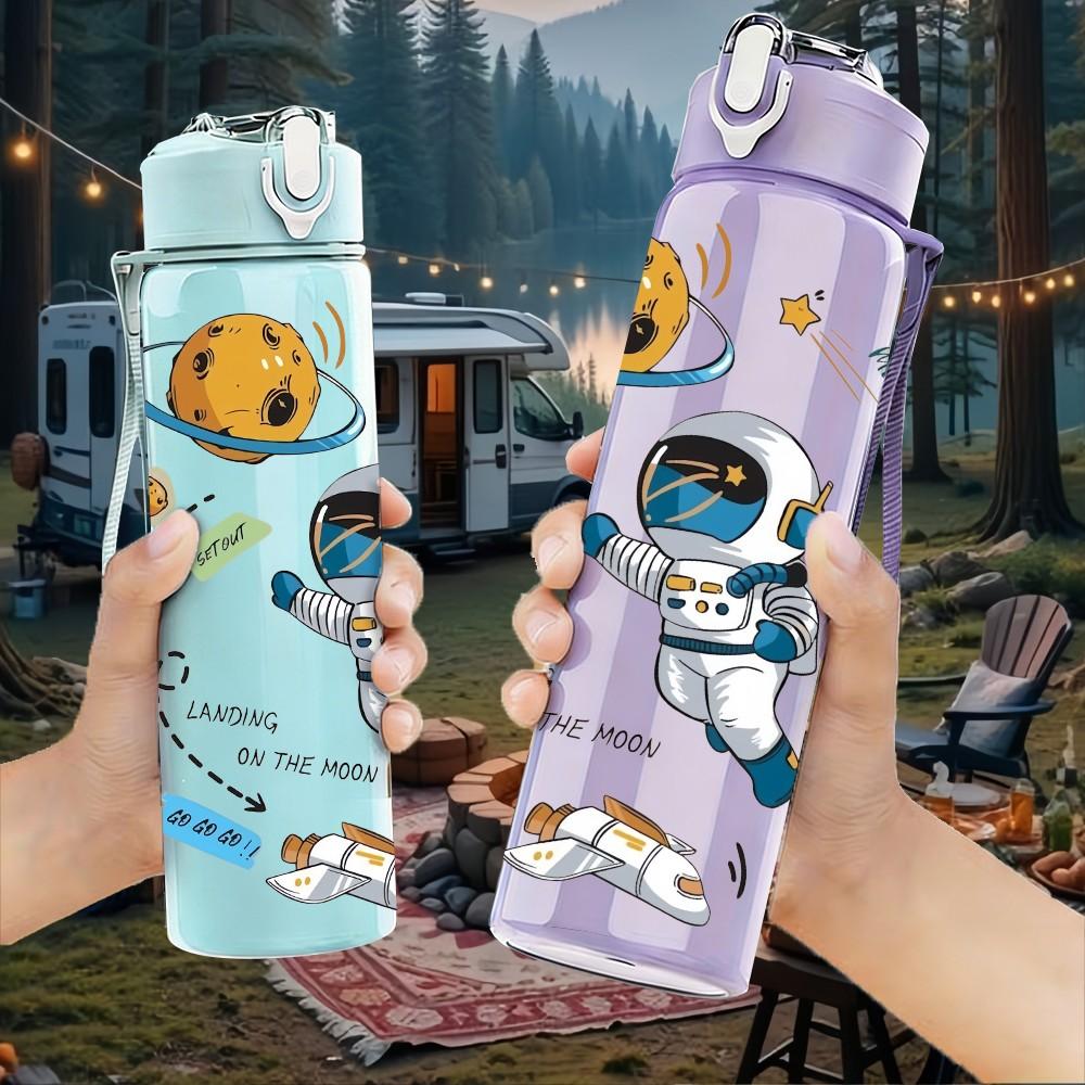 1 PZ Bottiglia d'Acqua Sportiva in Plastica Colorata con Motivo Pianeta Spaziale Galleggiante da Astronauta 750ml Tappo a Vite con Cannuccia Ribaltabile Antigoccia Adatta per Sport Ufficio Uso Domestico