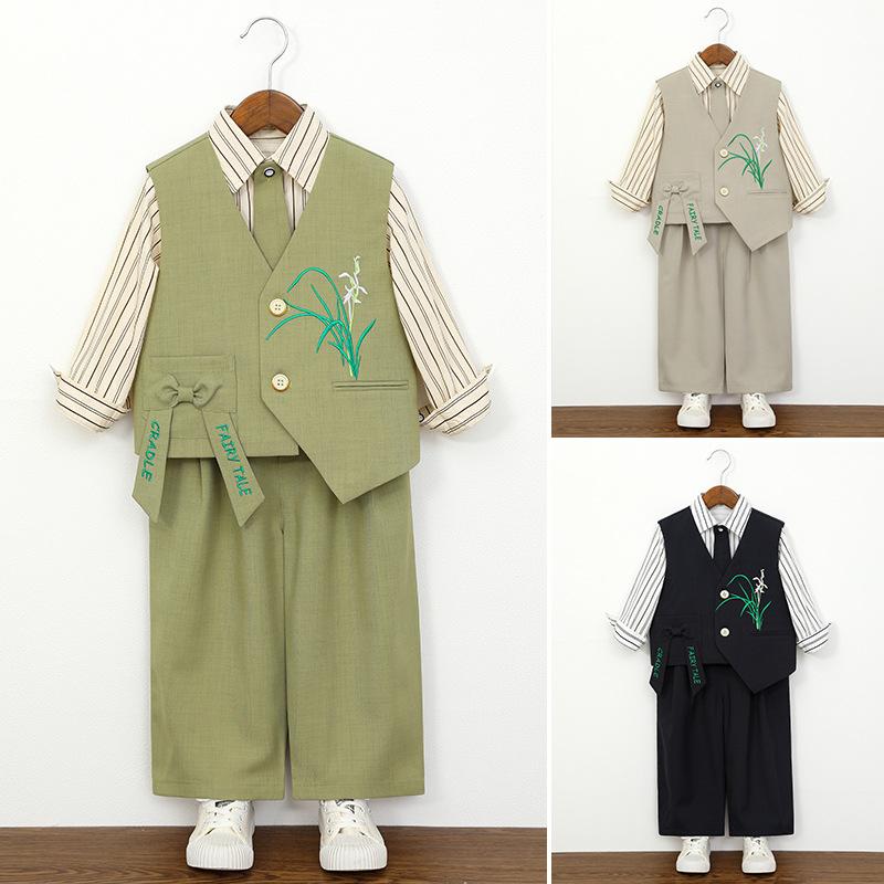 Kids Boys Chinese Style Formal Suit Set Orchid Embroidered Vest Striped Shirt Pants Gentleman Outfit for Wedding Birthday Party