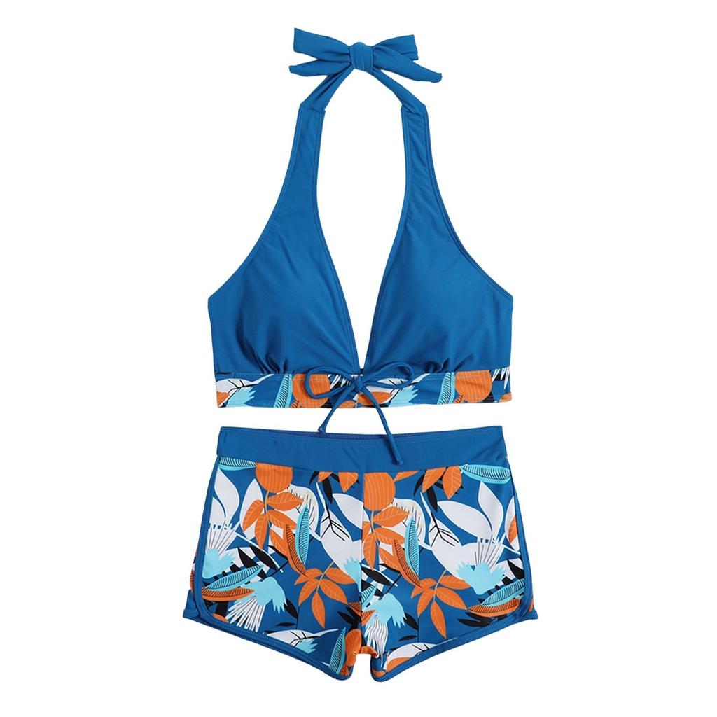 Women's Paneled Printed Swimsuit Ladies Split Boxer High Waist Swimsuit Two-Piece Set