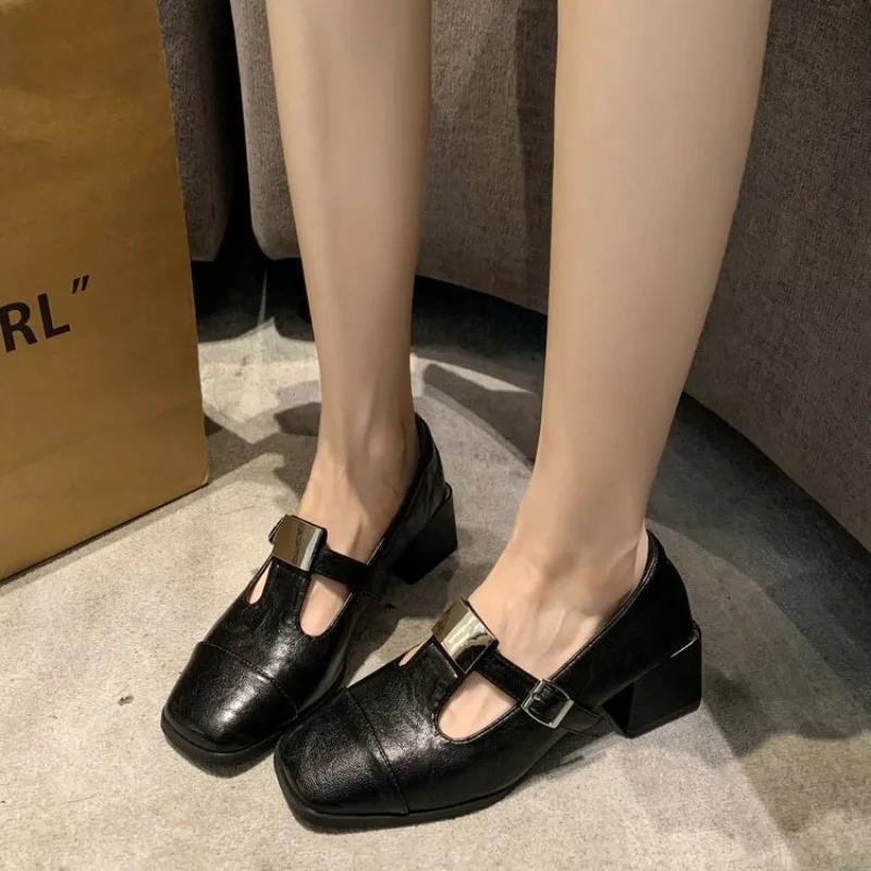Women's Fashion Thick Heel Shoes Fall New Square Head in The Mouth Metal Buckle Anti-slip Wear-resistant Low-top Shoes