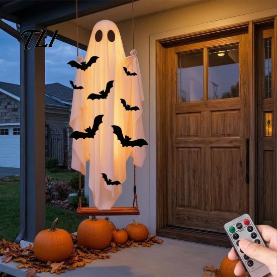 Halloween Hanging Swing Ghost Large Decoration, Light Up Spooky Swinging Courtyard Decorations with 3D Bats for Front Porch, Yard, Garden, Tree