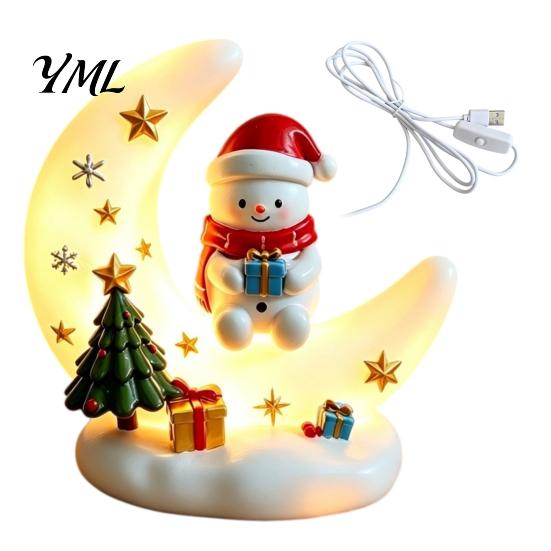 Holiday Party Supplies Christmas Moon Night Light with Santa Claus, Resin Decoration Warm LED Atmosphere Lighting Glow, Tabletop Ornament for