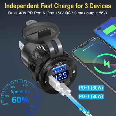 Prise Chargeur de Voiture USB C 12V Charge Rapide 3.0 Double PD & QC3.0 USB Prise de Charge Rapide Sortie d'Alimentation avec Voltmètre LED Interrupteur