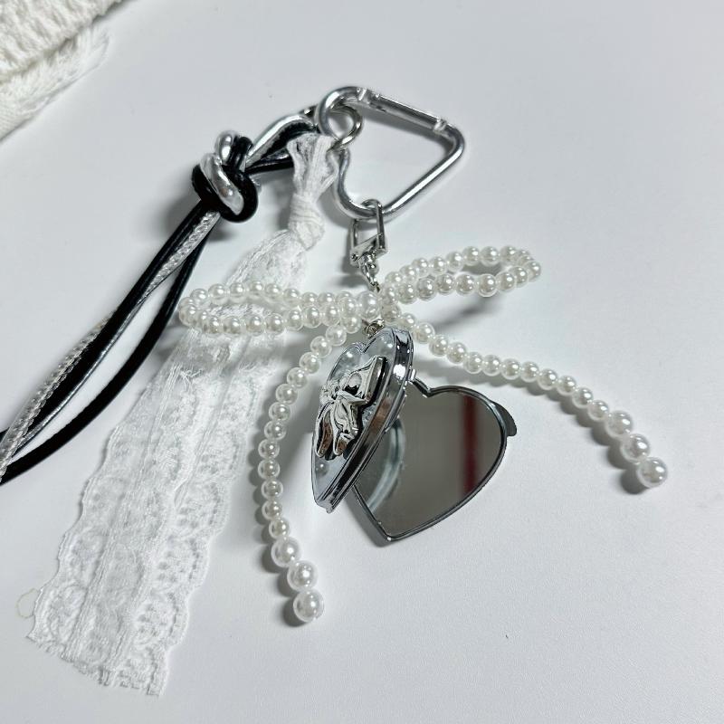 Y2K Mode Perlen Schleife Silber Herz Spiegel Schlüsselanhänger Anhänger Mode Exquisit Girly Schlüsselanhänger Tasche Anhänger Für Mädchen Geschenk