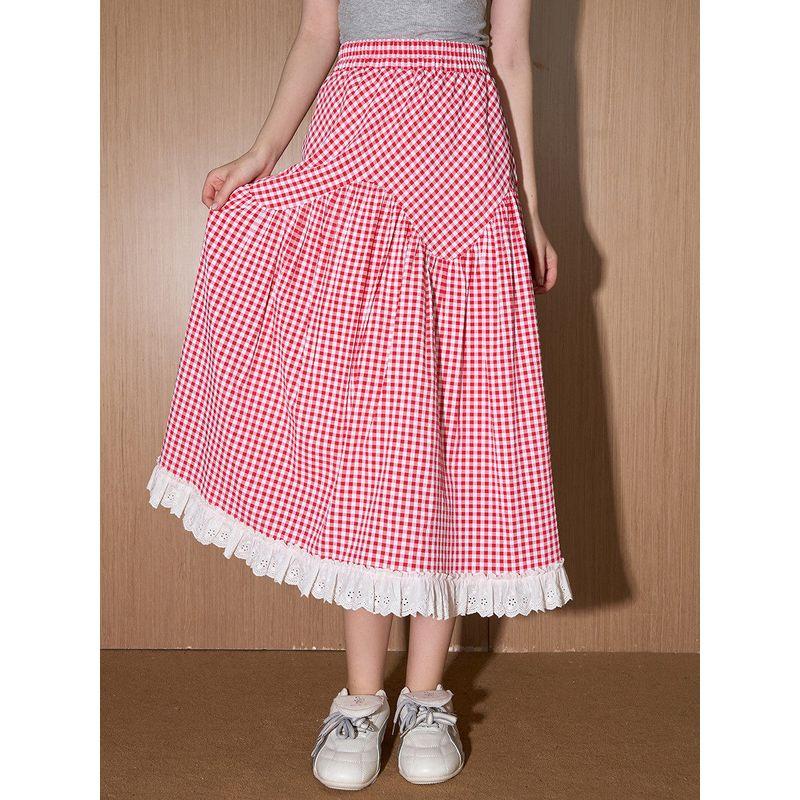 Coolhut2025 Summer Asymmetrical Lace Patchwork Plaid Skirt Pleated High-Waisted Umbrella Skirt