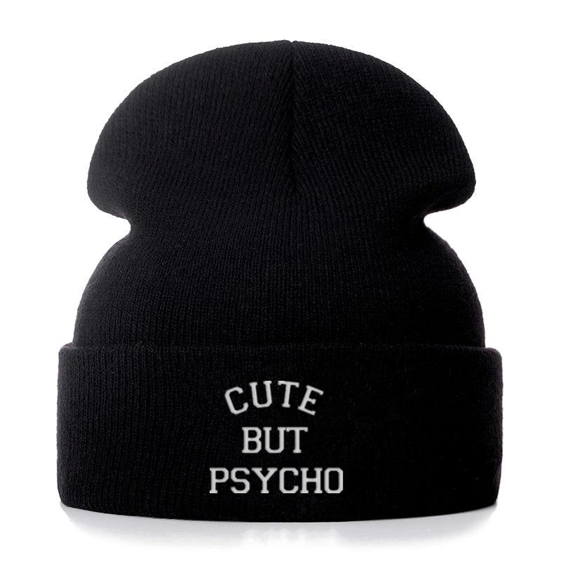 

Хлопковые шапочки с надписью Cute But Psycho с вышивкой, женская вязаная зимняя шапка унисекс, однотонная шапка Skullies в стиле хип-хоп, кепка унисекс