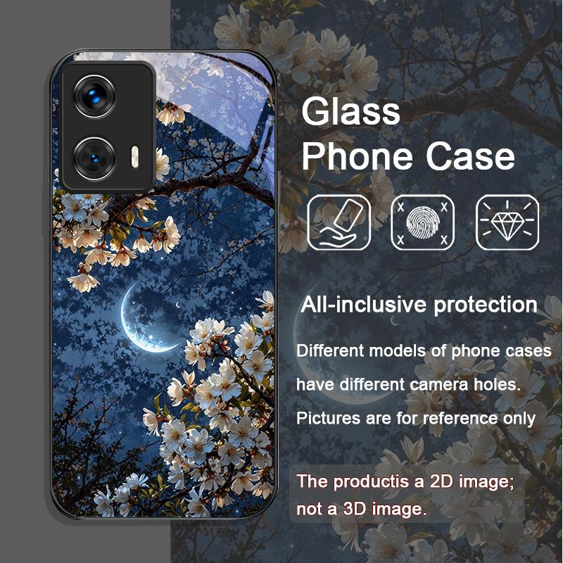 Moon Cherry Blossom Pattern Scenery Tempered Glass Phone Case for Motorola Moto G85 G84 G75 Edge 50 Fusion 40 Neo 30 Pro Covers