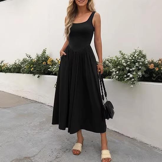 2026 Trendy European & American Women's Sleeveless Square Neck Waist-Cinching Pocket Dress - Casual, Comfortable & Slimming