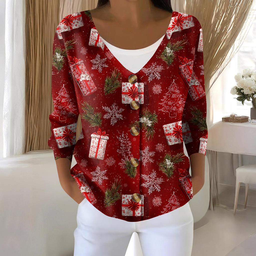 Women's Fashion Long Sleeve Christmas Snowman Snowflake Print Jacket Cardigan