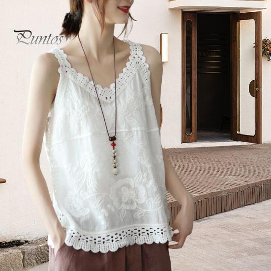 Dame Sommer Tank Tops V-hals Ermeløs Ensfarge Loose Fit Casual Bluse Broderi Blondemønster Sling Topper