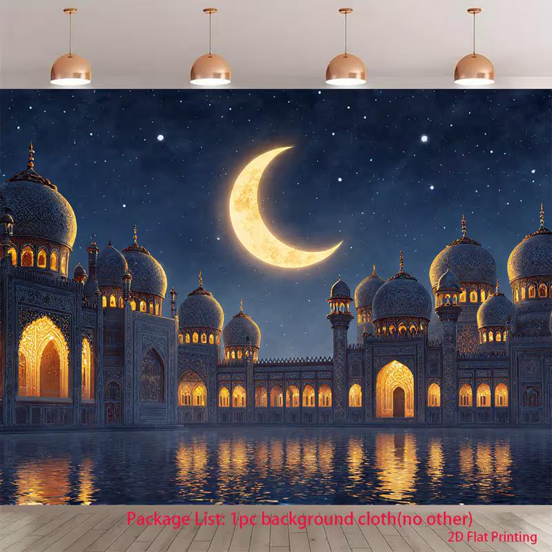 

2D Arabian Night Backdrop, Glowing Mosque and Starry Sky Background Banner 47.2x31.5inch/120*80cm