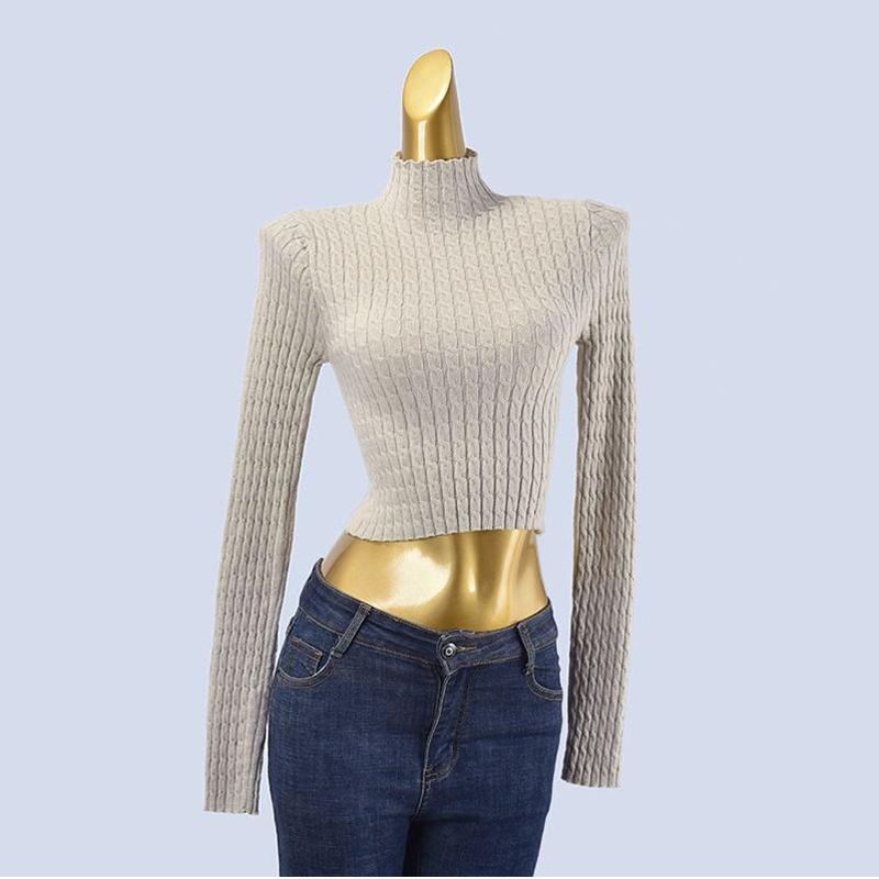 High-Grade Knit Women Half-high Collar Base Inner wear Spring and Autumn Twist Sweater Slim fit Sunken Stripe High Waist Short