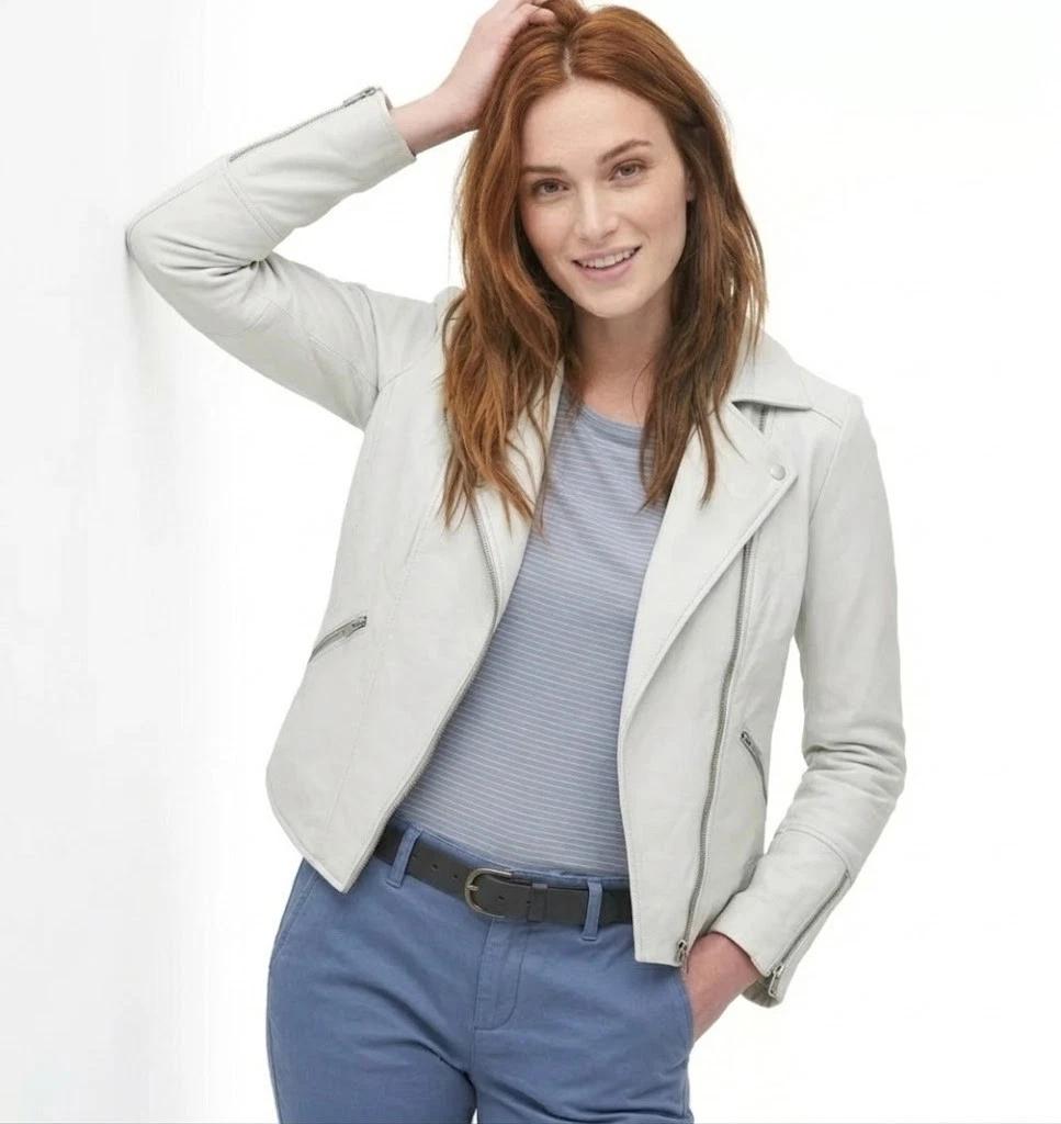 Stylish Lambskin Leather White Women's Handmade Fit Genuine Jacket Motorcycle