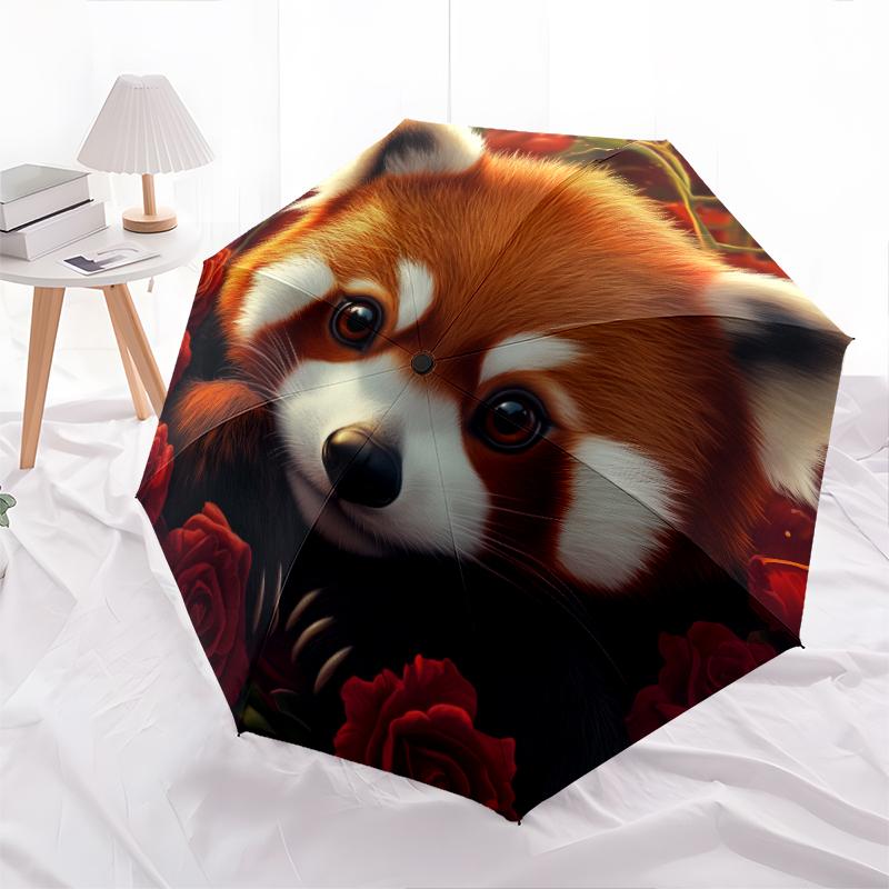 Red Panda and Rose pattern, automatic folding umbrella, portable and foldable design, 8 ribs, a Christmas or birthday gift.