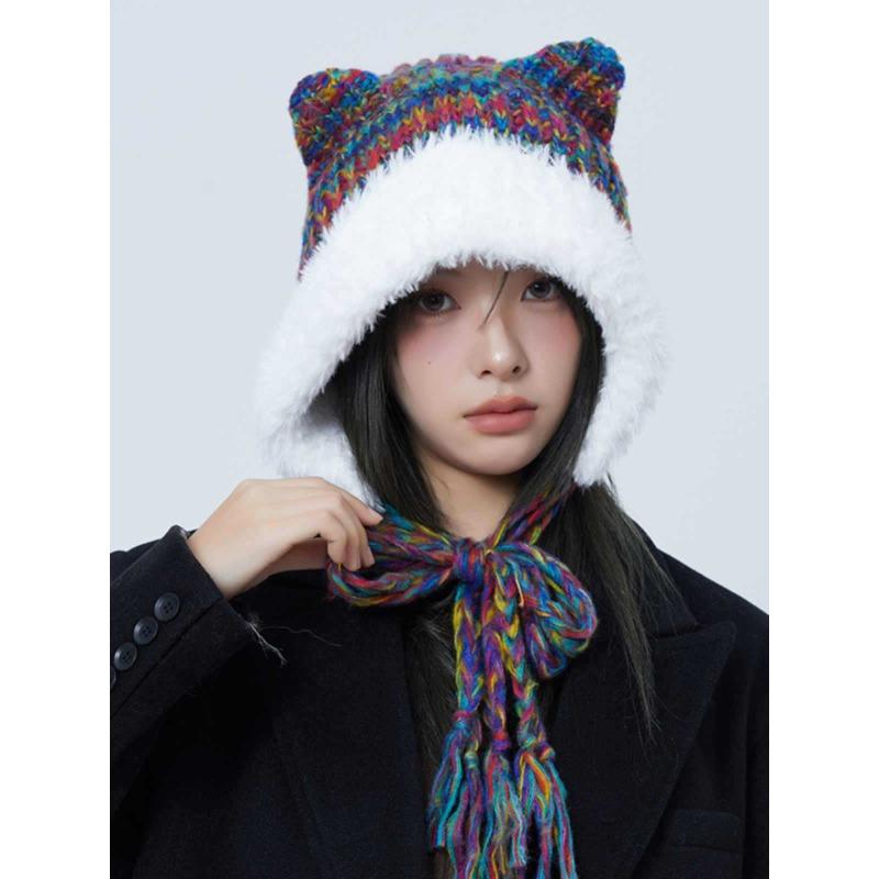 Cute Plush Knitted Hat with Cat Ears Big Head Circumference  Face Showing Small Colorful Thick Woolen Contrasting Color Ear Protection Hat